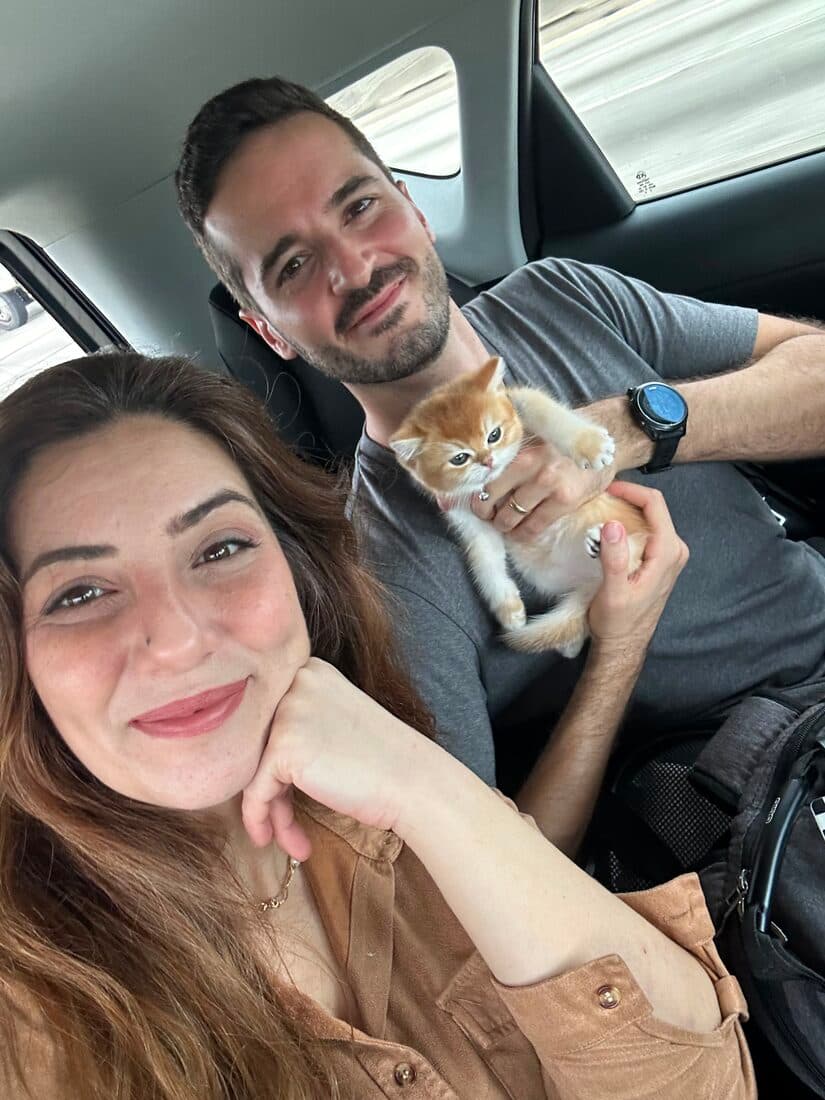 A family collecting their British Shorthair kitten from Houston Cat Mom Cattery in Houston, Texas